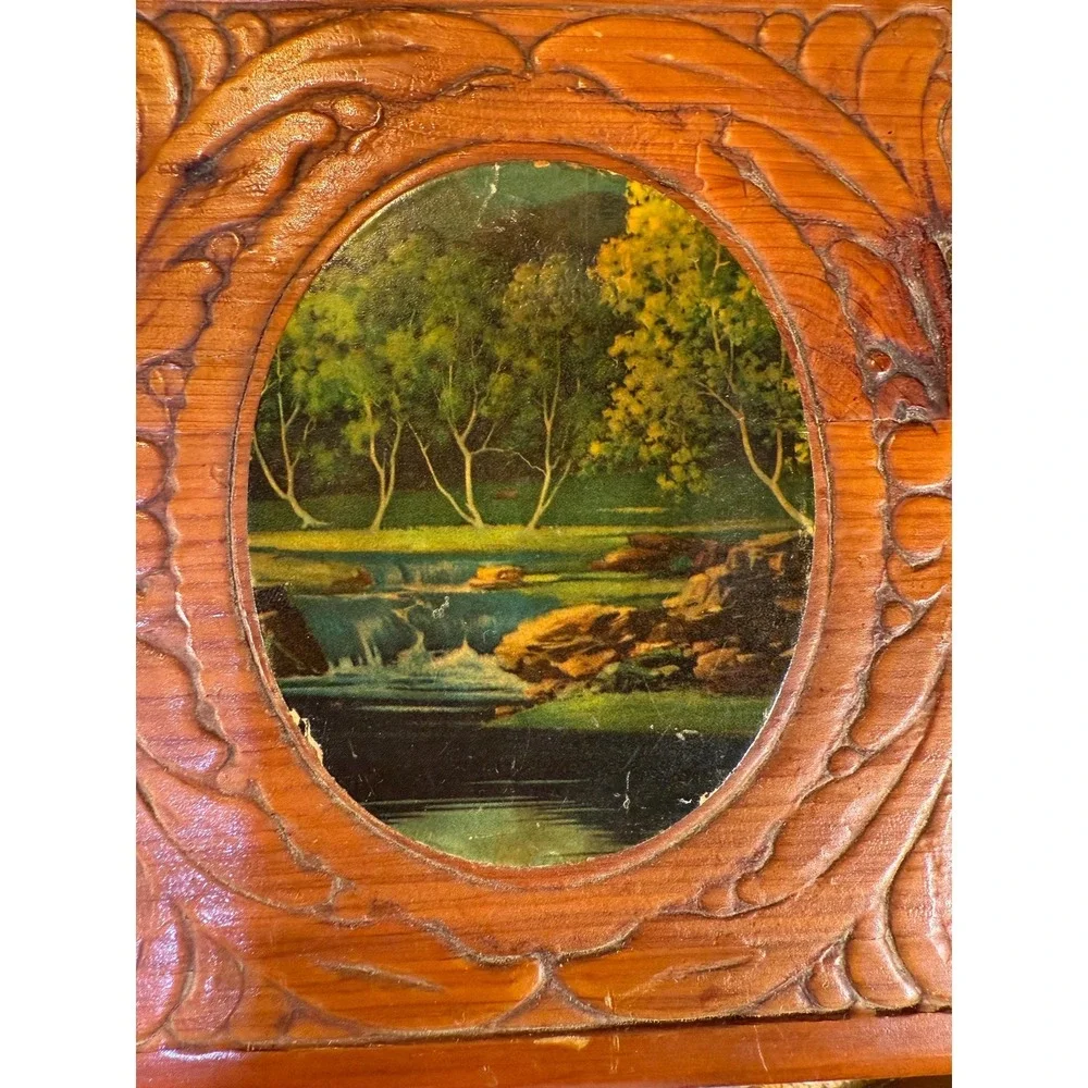 1950s Cedar Vanity‎ Box with Mirror and Carved Scenic Lid – Keepsake Box